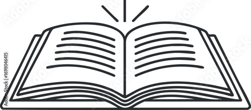 An illustration of an open book symbolizing knowledge and education in a simple design. Black on transparent background.