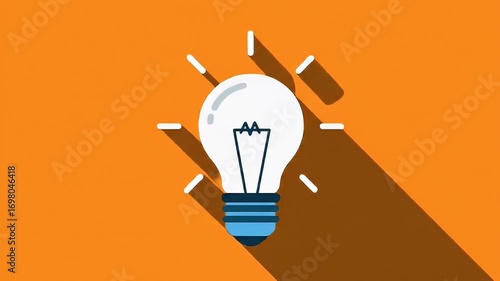Stylized light bulb with radiating lines on an orange background casting a deep shadow