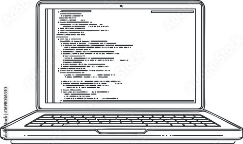 A graphic illustration of a laptop displaying lines of code on its screen. Black on transparent background.