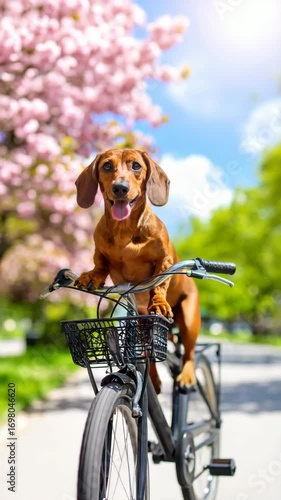 Adorable brown dachshund riding a bicycle through blooming cherry blossom trees on a sunny day, looking at the camera with its tongue out.