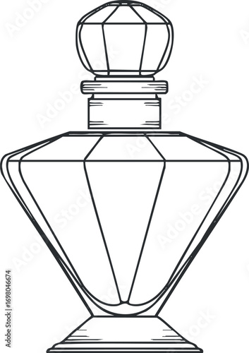 An elegant outline illustration of a vintage perfume bottle with a stylish design. Black on transparent background.