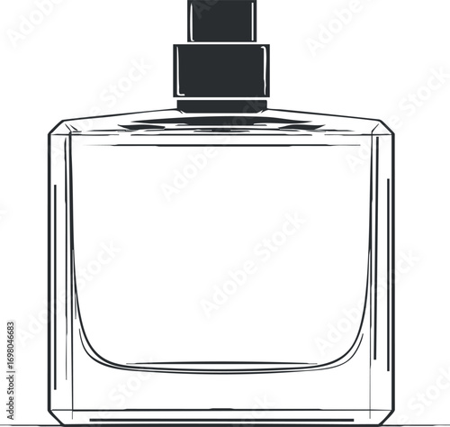 A minimalist illustration of an empty perfume bottle with a sleek design and elegant shape. Black on transparent background.