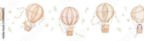 Seamless watercolor border with hot air balloons and baby animals, hand drawn repeating illustrations on white background