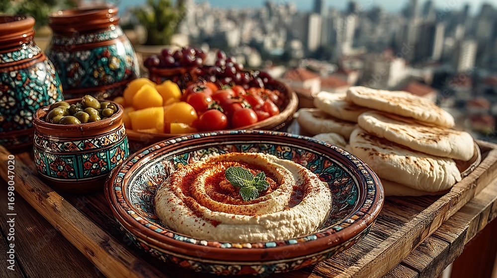 Fototapeta premium Hummus and pita bread platter dish