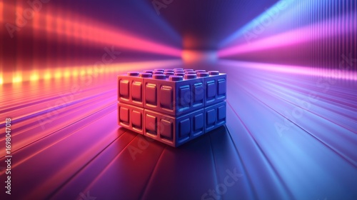 A metallic puzzle cube sits on a dark, reflective surface bathed in vibrant neon lights