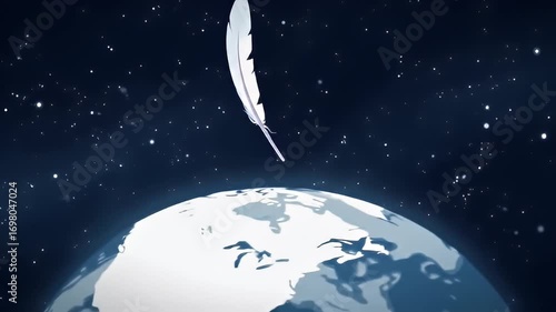 Stylized image of a white feather floating above a blue planet against a starscape
