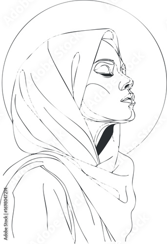 A minimalist line art illustration of a woman in profile wearing a headscarf with elegance. Black on transparent background.