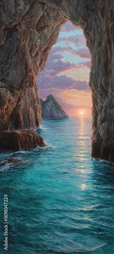 A breathtaking vista of a sea cave opening onto a vibrant sunset over the tranquil ocean, showcasing dramatic rock formations and serene water colors.