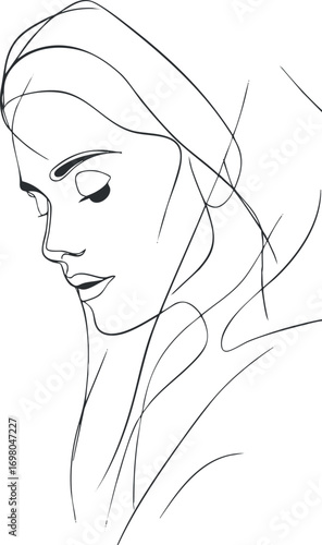 Minimalist line art portrait of a woman showcasing elegance and modern beauty in profile. Black on transparent background.