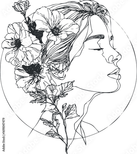 A minimalist lineart illustration of a woman with flowers in her hair, showcasing beauty and nature. Black on transparent background.