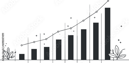 A simple black and white growth chart illustrating data trends and progress in business analytics. Black on transparent background.