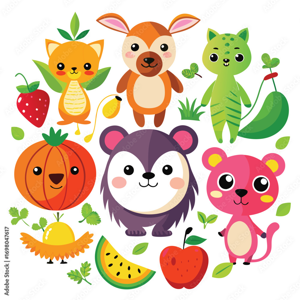 Fototapeta premium Cute cartoon animals and fruits arranged in a circle, with happy expressions.