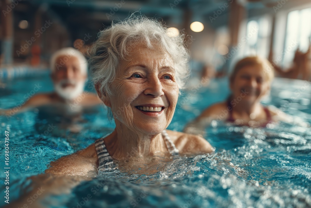 Fototapeta premium Happy senior woman swims in pool with friends, smiling brightly. Showcasing active aging and the joy of staying healthy later in life.