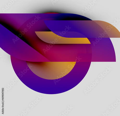 Abstract design features layered shapes, vibrant purple, gold hues. Soft gradients create dynamic visual effect. Modern, artistic composition.