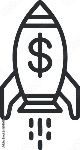 A stylized rocket with a dollar symbol representing financial growth and business success. Black on transparent background.