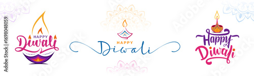 happy diwali festival colorful text, diwali typography with illustration of decorative diya and mandala best for banner poster flyer greetings card digital post