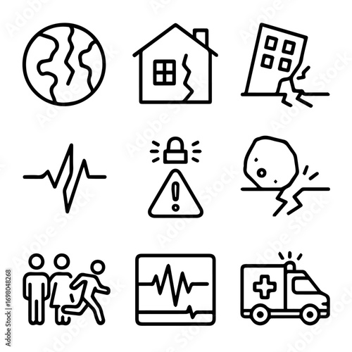 Earthquake and Disaster Icons Depicting Earth Buildings and Emergency Response.