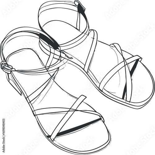 Stylish strappy sandals illustration perfect for summer fashion and casual outfit inspiration. Black on transparent background.