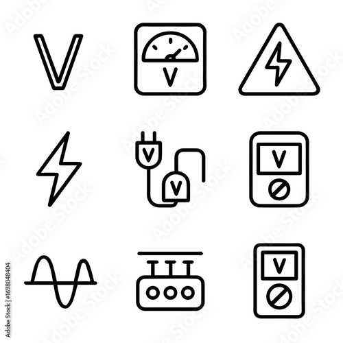 Electrical Symbols Set Voltage Meter Lightning Plug Wave and Terminal Icons.