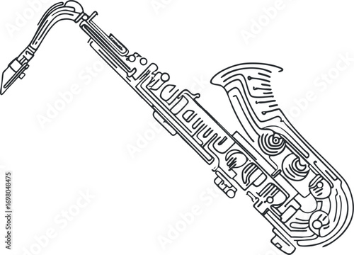 Line art illustration of a saxophone, representing music and jazz performance. Black on transparent background.