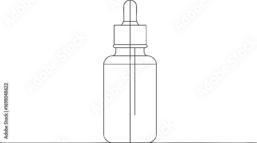 Minimalist line art illustration of a dropper bottle for liquid products and cosmetics. Black on transparent background.