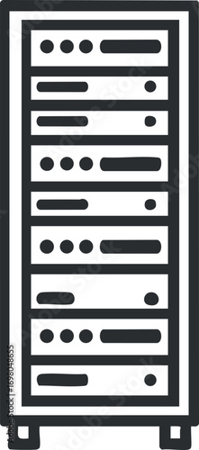 Illustration of a server rack representing data storage and network infrastructure in technology. Black on transparent background.