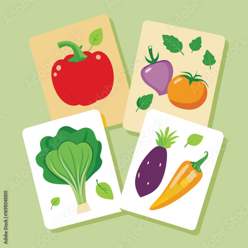 Four illustrated cards featuring different vegetables, including a red bell pepper, a beet and tomato, lettuce, and a sweet potato and yellow pepper.