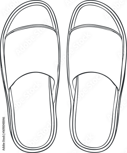A simple outline illustration of a pair of comfortable slippers ideal for casual wear. Black on transparent background.