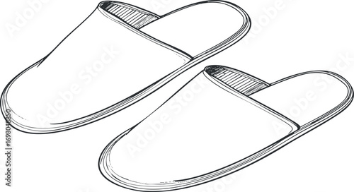 A stylish pair of open toe slippers designed for indoor comfort and relaxation. Black on transparent background.