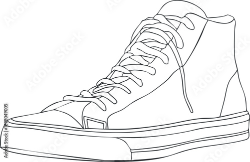 A detailed line art illustration of a stylish sneaker showcasing its design and features. Black on transparent background.