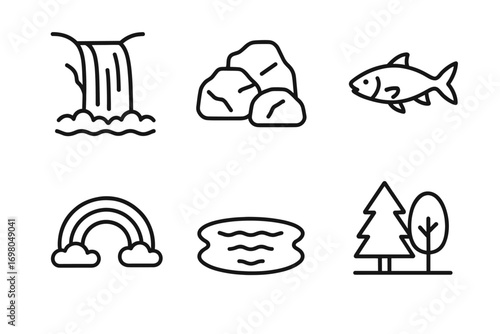 Nature icons: waterfall, rocks, fish, rainbow, pond, trees in minimalist line art