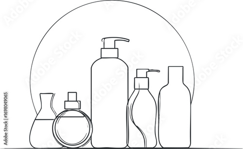 Stylized outline of various cosmetic bottles and containers arranged in a minimalist design. Black on transparent background.