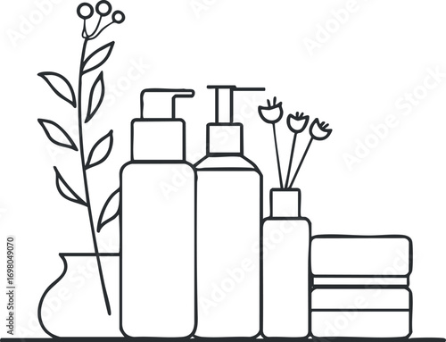 A minimalist line art illustration of skincare and beauty products with floral accents. Black on transparent background.