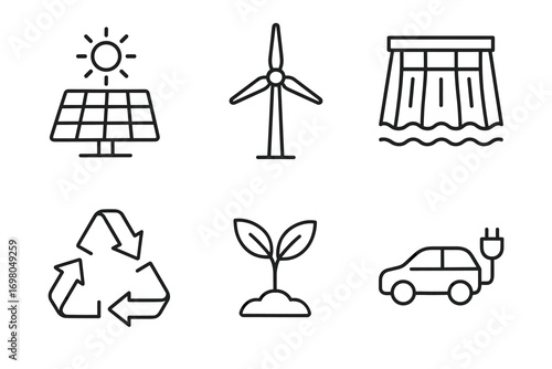 Solar panels, wind turbine, hydroelectric dam, recycling, plant growth, electric car