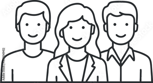 A simple line art illustration of three smiling professionals standing together in a group. Black on transparent background.