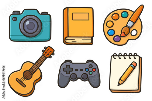Colorful hobbies icons set featuring camera book palette guitar gamepad and notepad