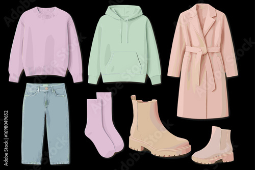 Pastel clothing collection: sweater, hoodie, coat, jeans, socks, boots