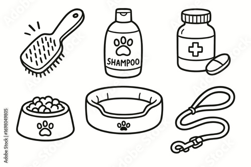 Dog care essentials: brush, shampoo, medicine, bowl, bed, leash