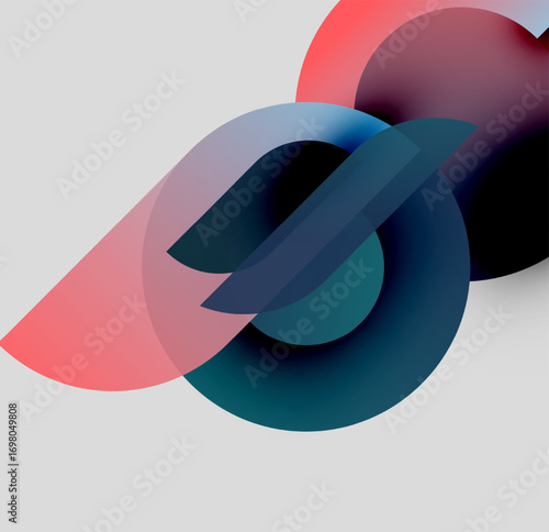 Abstract composition featuring overlapping translucent circles. Colors blend, creating dynamic visual effect. Minimalist design, modern aesthetic.