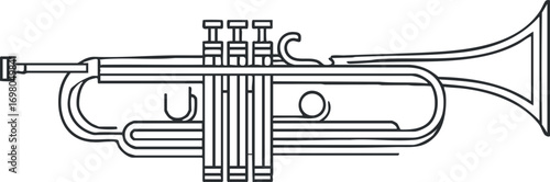 Illustration of a trumpet showcasing its design and features in a simple line art style Black on transparent background.