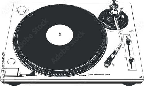 A detailed illustration of a vintage turntable showcasing its design and features for music enthusiasts. Black on transparent background.