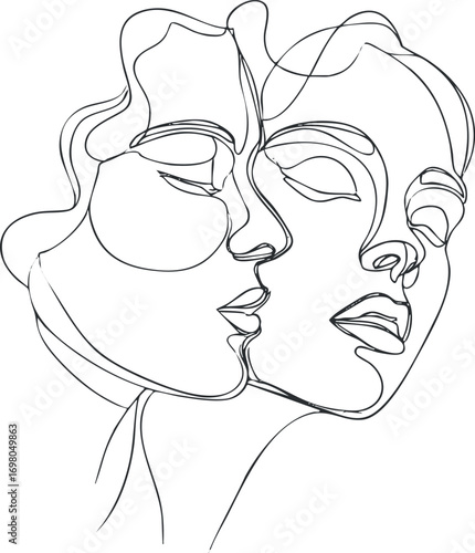 Minimalist line art depicting two faces in an intimate embrace showcasing emotion and connection. Black on transparent background.