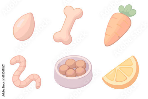 Assorted pet icons: egg, bone, carrot, worm, bowl, lemon slice for cute design