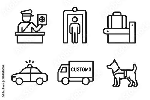 Customs officer, security checkpoint, baggage scanner, police car, customs truck, sniffer dog icons