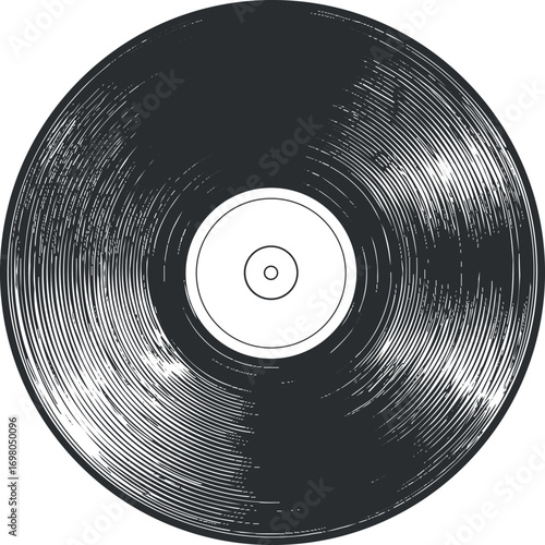 A detailed illustration of a vintage black vinyl record showcasing its grooves and circular design. Black on transparent background.