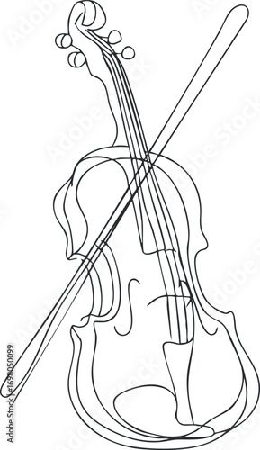 A minimalist line art illustration of a violin with a bow showcasing musical elegance. Black on transparent background.