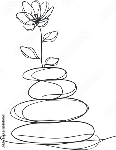 A minimalist line art design featuring a flower growing from stacked stones symbolizing balance and tranquility. Black on transparent background.