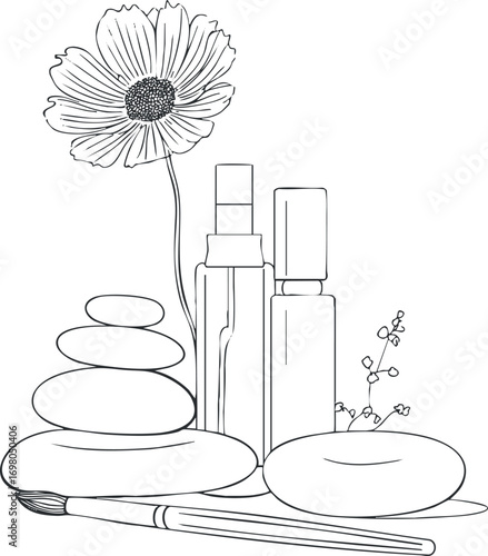 A minimalist line art illustration featuring beauty products stones and a flower for wellness and relaxation. Black on transparent background.