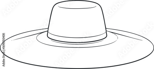 Illustration of a wide-brimmed hat, perfect for sun protection and stylish outdoor wear. Black on transparent background.