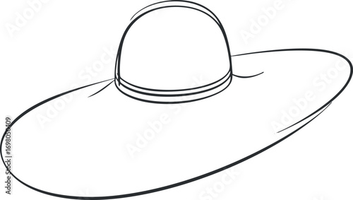 Stylish line art illustration of a wide brim hat suitable for summer fashion and outdoor activities. Black on transparent background.